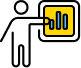 person pointing to a bar graph icon