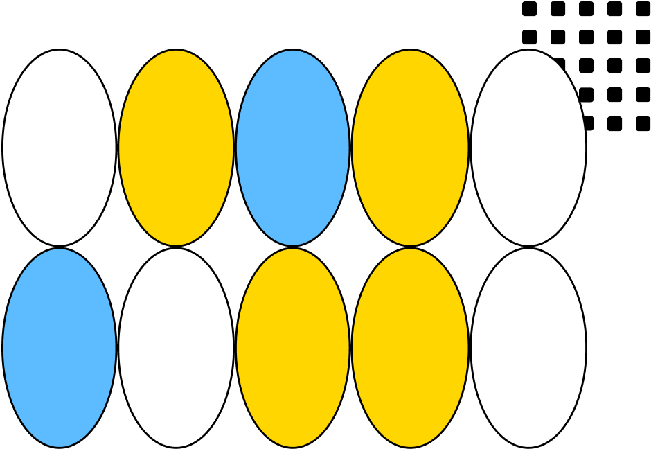 two rows of blue, yellow, and white ovals with a grid of black squares in the top right corner