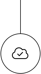a cloud with checkmark in the center of it icon inside a black outline circle with a vertical line at the top